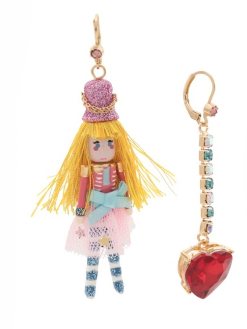 BETSEY JOHNSON EARRINGS NUTCRACKER HEART MISMATCHED HOLIDAY PINK
